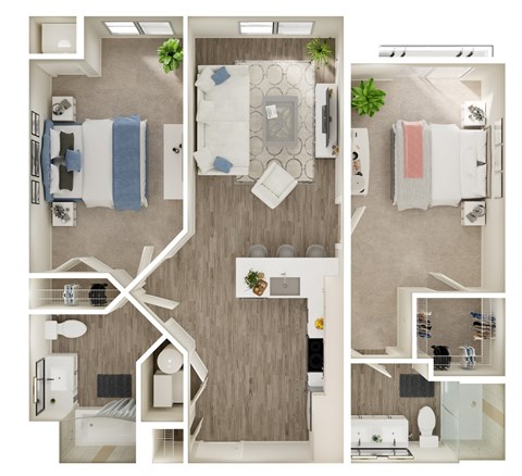 Floor plan for 2 beds, 2 baths, 975 sqft